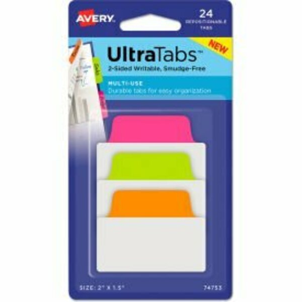 Avery Dennison Avery Ultra Tabs Repositionable Tabs, 2in x 1-1/2in, Neon: Green, Orange, Pink, 24/Pack 74753